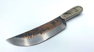 Cuchillo Period Knives Nil Fonsere, cachas carnero y acero O1 con salpicaduras de cobre.