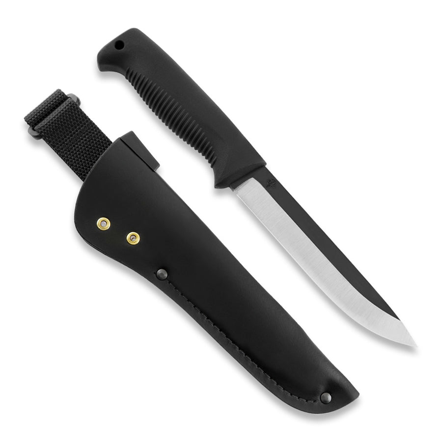Cuchillo Peltonen Knives M95 Ranger Puukko Mango negro sin revestimiento Funda de cuero negro