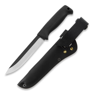 Cuchillo Peltonen Knives M95 Ranger Puukko Mango negro sin revestimiento Funda de cuero negro