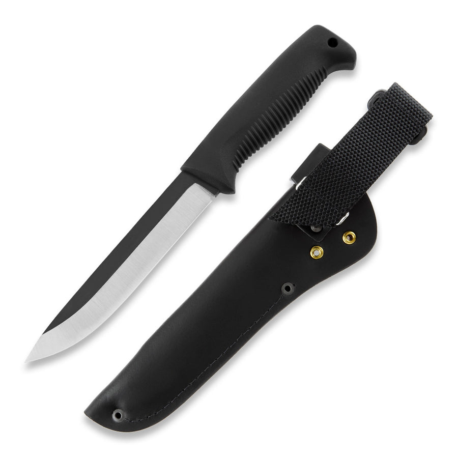 Cuchillo Peltonen Knives M95 Ranger Puukko Mango negro sin revestimiento Funda de cuero negro